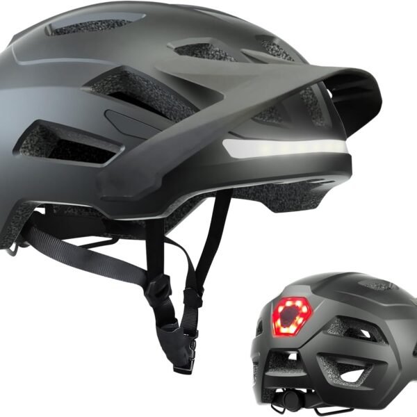 Bike Helmet, Mountain Bike Helmets for Men and Women, Front and Back LED Lights Safe Certified MTB Road Bicycle Helmet with Adjustable Brim