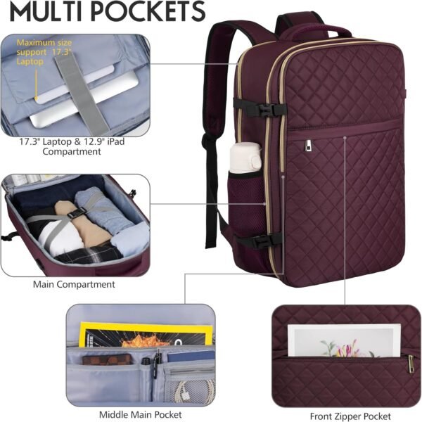 Large Travel Backpack Women, Flight Approved Carry On Backpack, Water Resistant Anti-Theft Large Casual Daypack Fit 17 Inch Laptop with USB Charging Port, Dark Purple