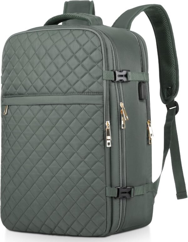 Large Travel Backpack Women, Flight Approved Carry On Backpack, Water Resistant Anti-Theft Large Casual Daypack Fit 17 Inch Laptop with USB Charging Port, Olive Green
