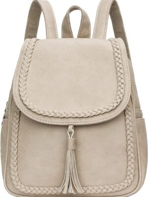 Fashion Small Synthetic Leather Backpack Purse For Women and Ladies with Tassel (beige)