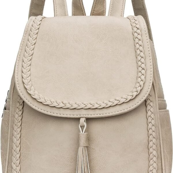 Fashion Small Synthetic Leather Backpack Purse For Women and Ladies with Tassel (beige)