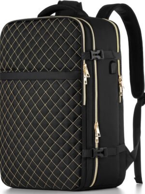 Carry On Backpack for Women, Flight Approved Large Travel Laptop Backpack with USB Charge Port, 17 Inch Water Resistant Luggage Travel Bag for Weekender Business, Black - Gold Rhombus