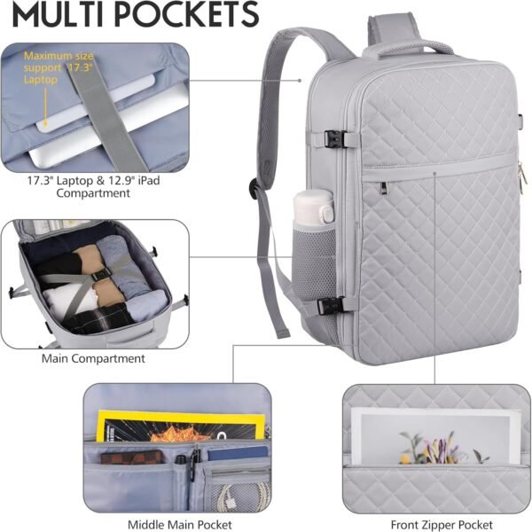 Large Travel Backpack Women, Flight Approved Carry On Backpack, Water Resistant Anti-Theft Large Casual Daypack Fit 17 Inch Laptop with USB Charging Port, Grey