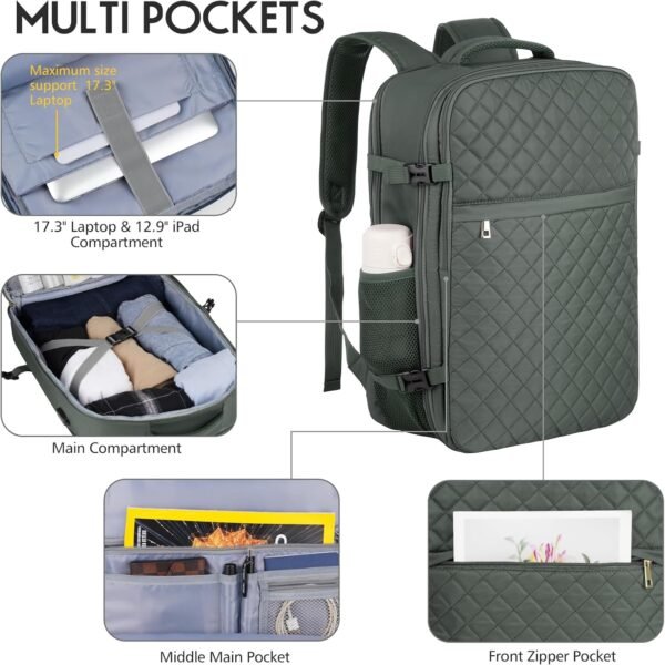 Large Travel Backpack Women, Flight Approved Carry On Backpack, Water Resistant Anti-Theft Large Casual Daypack Fit 17 Inch Laptop with USB Charging Port, Olive Green