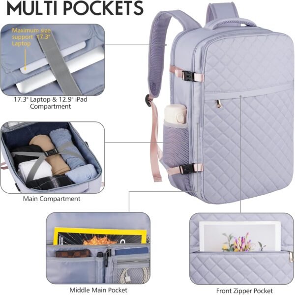 Large Travel Backpack Women, Flight Approved Carry On Backpack, Water Resistant Anti-Theft Large Casual Daypack Fit 17 Inch Laptop with USB Charging Port, Light Purple