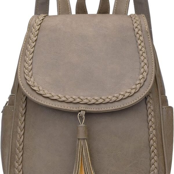 Fashion Small Synthetic Leather Backpack Purse For Women and Ladies with Tassel (Khaki)