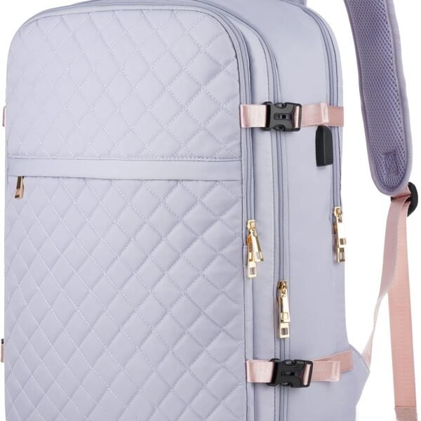 Large Travel Backpack Women, Flight Approved Carry On Backpack, Water Resistant Anti-Theft Large Casual Daypack Fit 17 Inch Laptop with USB Charging Port, Light Purple