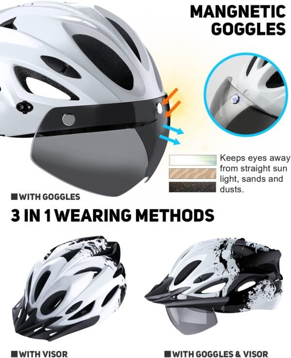Bike Helmet with USB Rechargeable LED Light Detachable Goggles and Sun Visor, Mountain & Road Bicycle Helmets for Men Women Adult Cycling Helmets