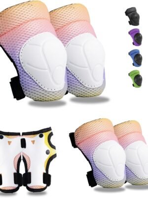Kids Knee Pads Elbow Pads Wrist Guards Set ,Protective Gear for 4-6-12 Boys Girls Roller Skating Scooter Skateboarding Bike (Yellow Purple Gradient, Free Size (4-12 Years or 40-80lbs))