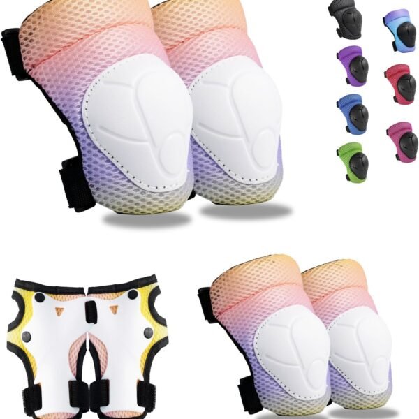 Kids Knee Pads Elbow Pads Wrist Guards Set ,Protective Gear for 4-6-12 Boys Girls Roller Skating Scooter Skateboarding Bike (Yellow Purple Gradient, Free Size (4-12 Years or 40-80lbs))