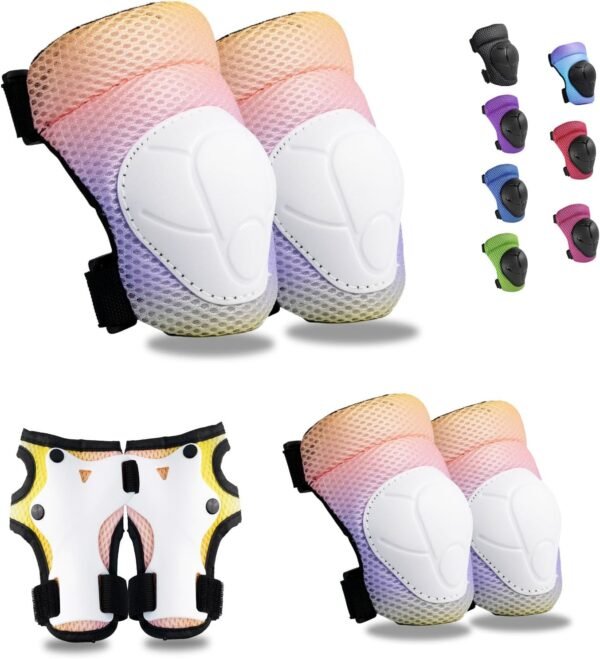 Kids Knee Pads Elbow Pads Wrist Guards Set ,Protective Gear for 4-6-12 Boys Girls Roller Skating Scooter Skateboarding Bike (Yellow Purple Gradient, Free Size (4-12 Years or 40-80lbs))