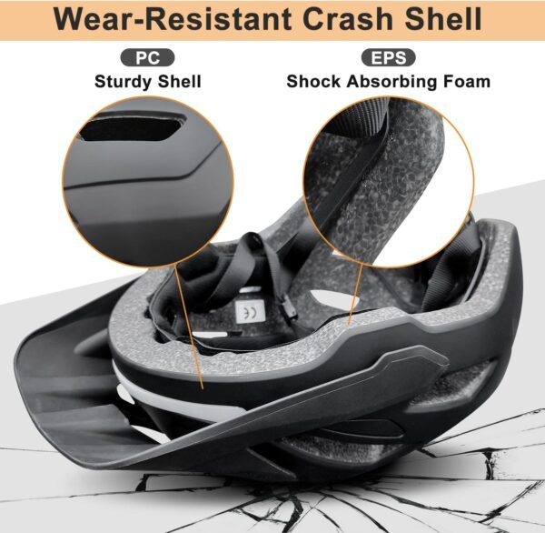 Bike Helmet, Mountain Bike Helmets for Men and Women, Front and Back LED Lights Safe Certified MTB Road Bicycle Helmet with Adjustable Brim