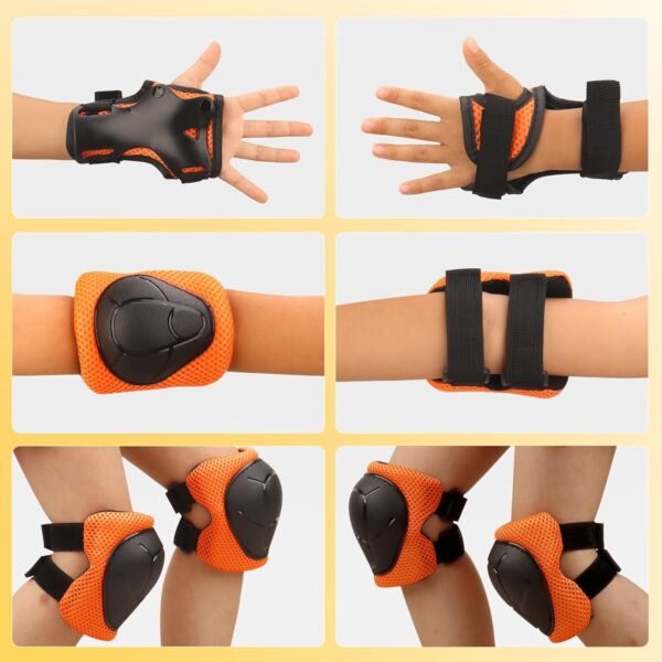 Kids Protective Gear Set - Knee Pads Elbow Pads with Wrist Guards for Ages 3-12 | 3-in-1 Safety Protective Gear for Skating, Cycling, Biking, Roller Skates, Scooters (Orange, S(3-7Years))