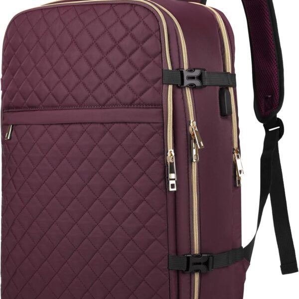 Large Travel Backpack Women, Flight Approved Carry On Backpack, Water Resistant Anti-Theft Large Casual Daypack Fit 17 Inch Laptop with USB Charging Port, Dark Purple