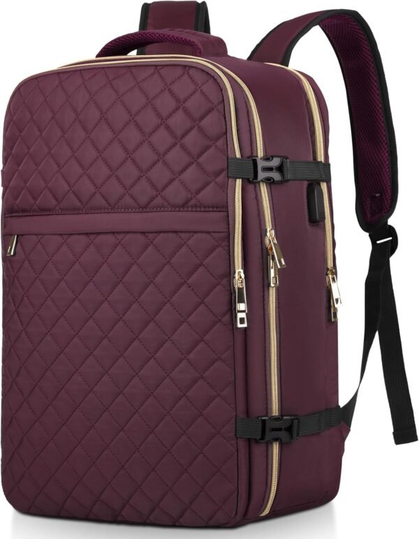 Large Travel Backpack Women, Flight Approved Carry On Backpack, Water Resistant Anti-Theft Large Casual Daypack Fit 17 Inch Laptop with USB Charging Port, Dark Purple