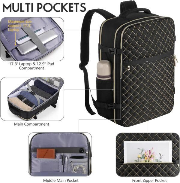 Carry On Backpack for Women, Flight Approved Large Travel Laptop Backpack with USB Charge Port, 17 Inch Water Resistant Luggage Travel Bag for Weekender Business, Black - Gold Rhombus