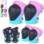 Knee Pads for Kids Knee and Elbow Pads Wrist Guards Adjustable Protective Gear Set for Girls Boys Inline Skating Biking Skateboard Scooter Knee Pads, Pink Blue Green, 3-8 Years