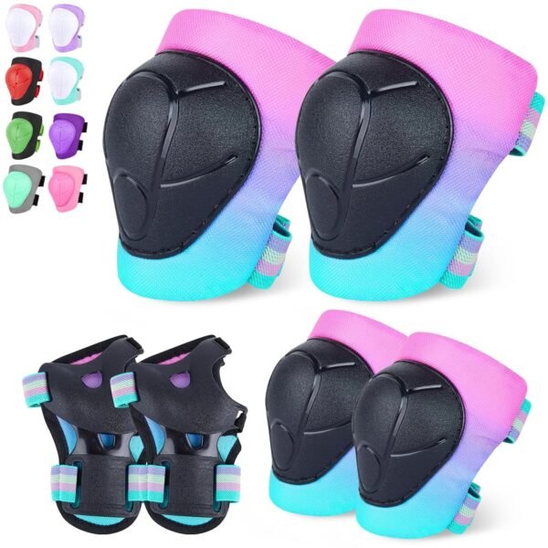 Knee Pads for Kids Knee and Elbow Pads Wrist Guards Adjustable Protective Gear Set for Girls Boys Inline Skating Biking Skateboard Scooter Knee Pads, Pink Blue Green, 3-8 Years