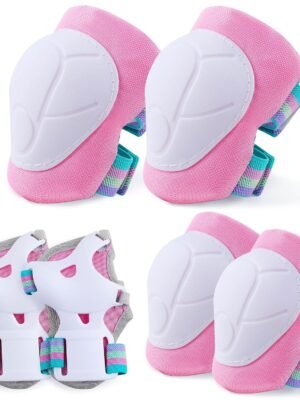 Kids Knee and Elbow Pads Wrist Guards Adjustable Protective Gear Set for Girls Boys Inline Skating Biking Skateboard Scooter, Pink, 3-8 Years